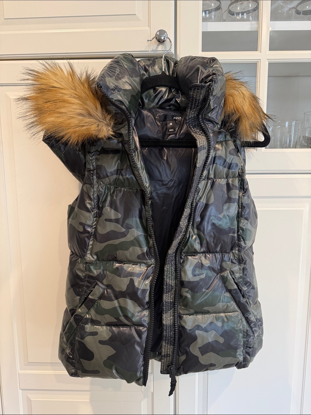 Aqua Camouflage Puffer Vest with Faux Fur Trim